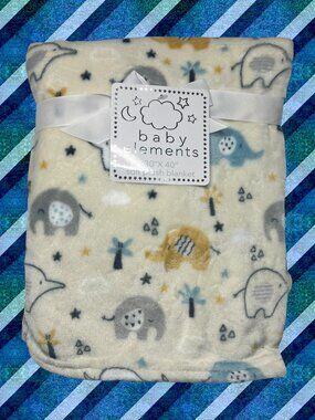 NWT Elephants Stars Trees Clouds Plush Baby Blanket Animal Print Cream Toddler